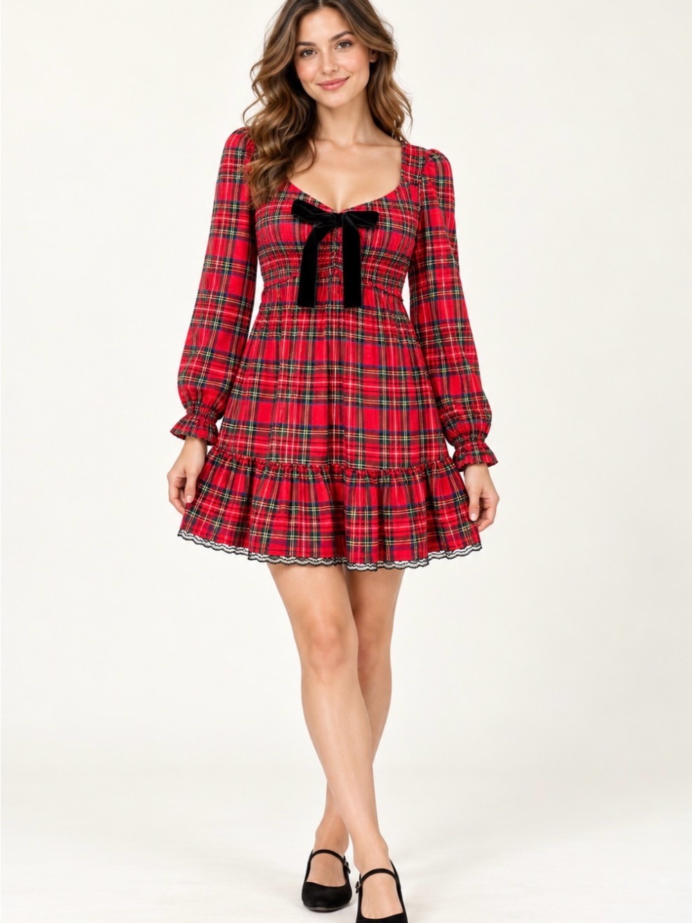 Allison & Kelly Red Plaid Smocked Bow Front Long Sleeve Dress S